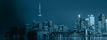 Toronto landscape with multiple buildings and a blue overlay.