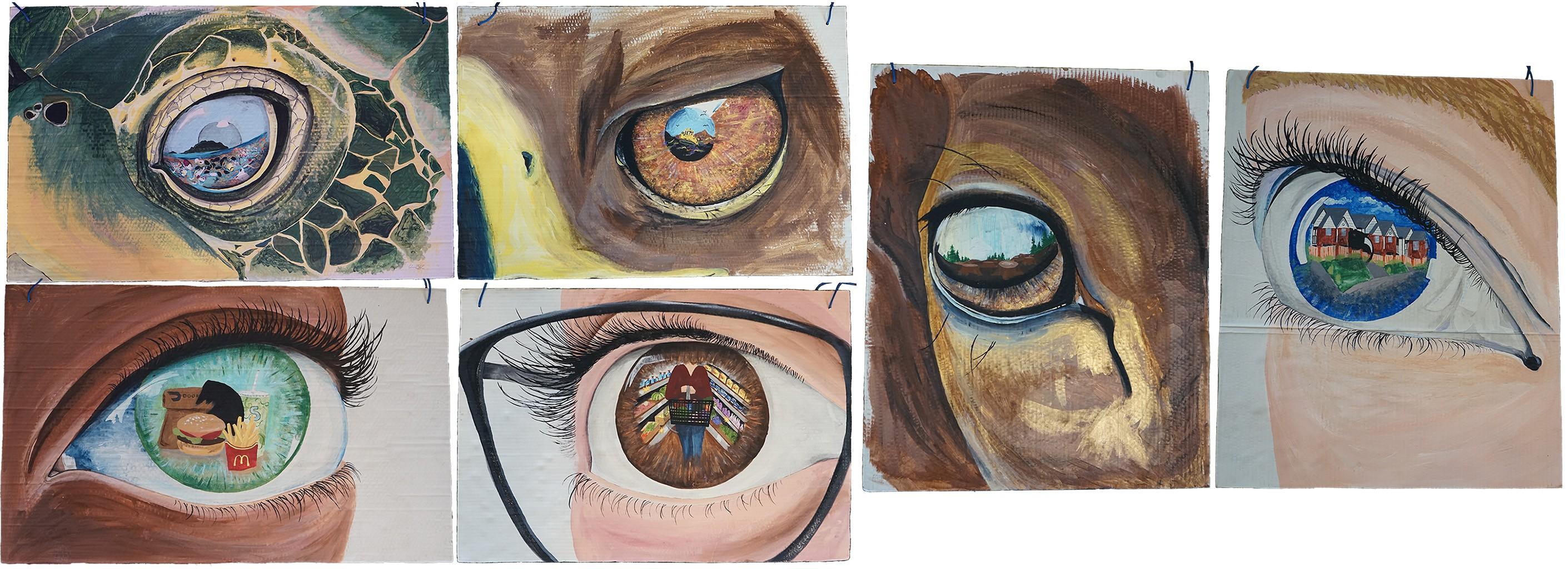 A collage of six painted eyes, three animal and three human, each with a scene reflected in the pupil, including ocean life, landscapes, suburban homes, food and a grocery store.
