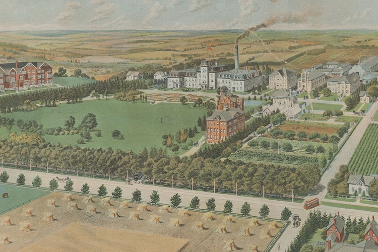 An aerial view painting of the Guelph campus in 1906.