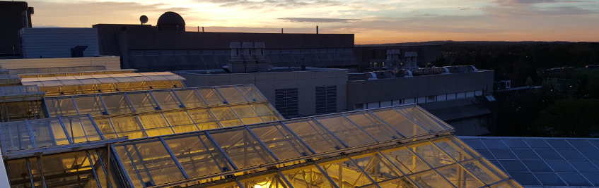 Panoramic shot of the Phytotron greenhouse in the evening