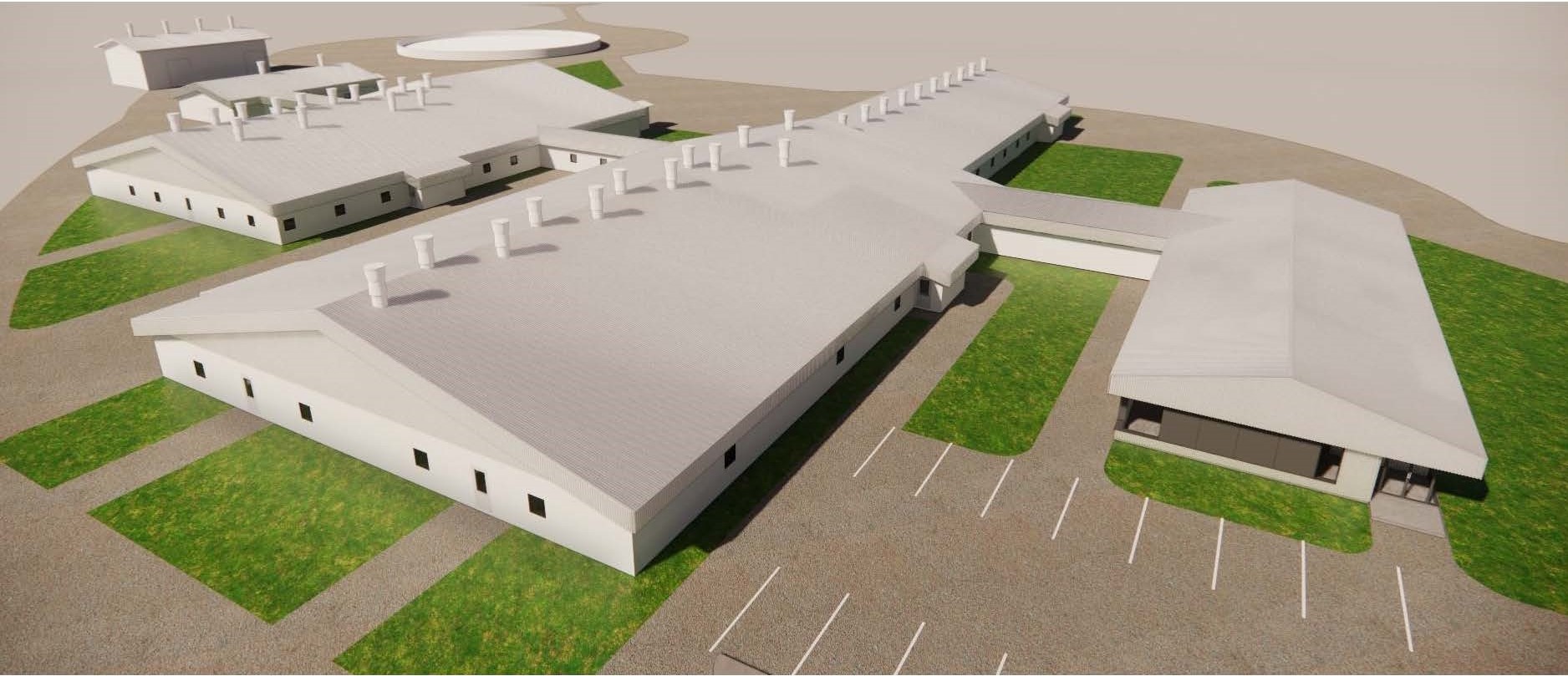 Rendering shows three barns; one long barn in the middle with two shorter barns flanking it to create a cross shape