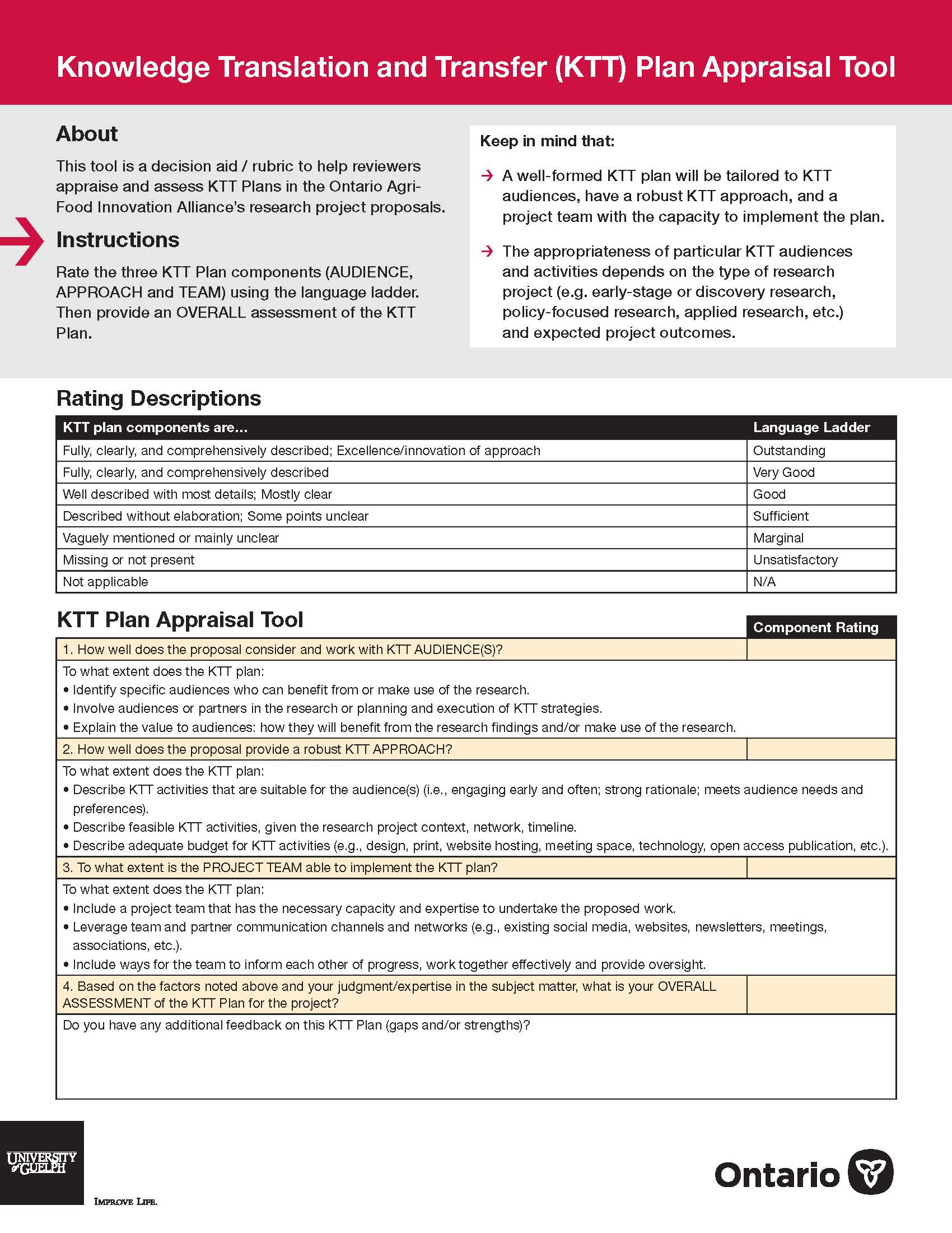 Front cover of the KTT Appraisal Tool document