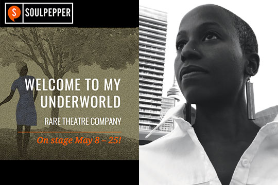 Soulpepper Theatre Poster and headshot of Simone Dalton, a young Black woman with short hair and large earings, standing outside in Toronto.