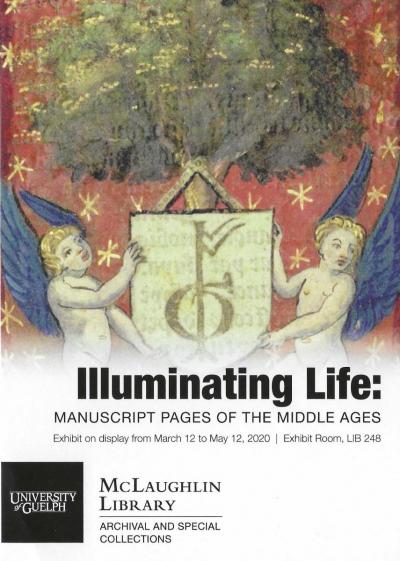 Conference poster with illumination from a manuscript of two cherubs holding a shield with sigil.