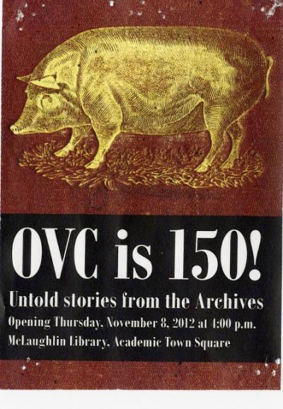 Exhibit poster with yellow pig on red background.