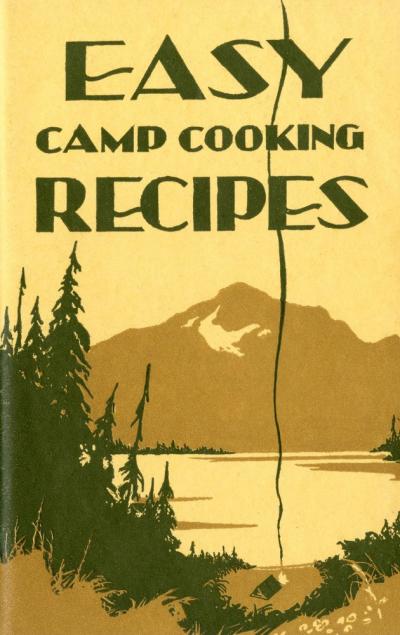 Camping cookbook cover with illustrated forest scene titled "Easy Camp Cooking Recipes".