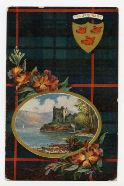 Postcard with Urquhart tartan and castle.