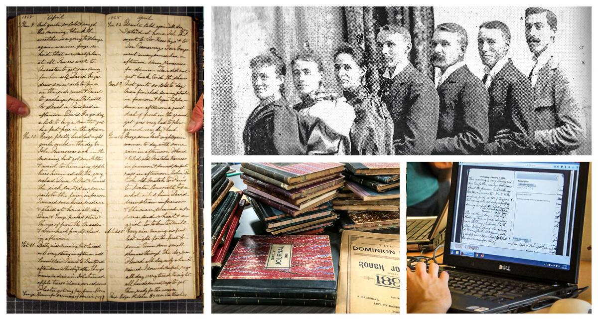 A) Samson Howell Diary, 1868, Howell Family Fonds, Archival and Special Collections B) Diarist Roseltha Goble’s children.  Goble Family Fonds, Archival and Special Collections. C) Philp Family Diaries, 1888–1937, Archival and Special Collections D) Transcribing in the text box.