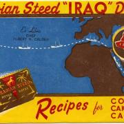 Ad with blue and yellow background and map of Africa and Europe with red lettering for "Iraq" dates.