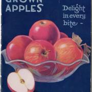 Delight in every bite ad for Canadian apples with glass bowl of red apples on a dark blue background.