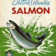 Ad for British Columbia salmon with white background and image of a salmon splashing out of green water.