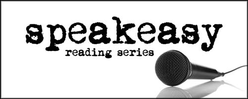 Speakeasy Reading Series logo, featuring a microphone and typewriter font