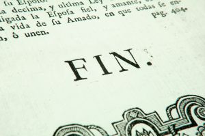 Image of the french word "fin" in book, denoting the end of the text.