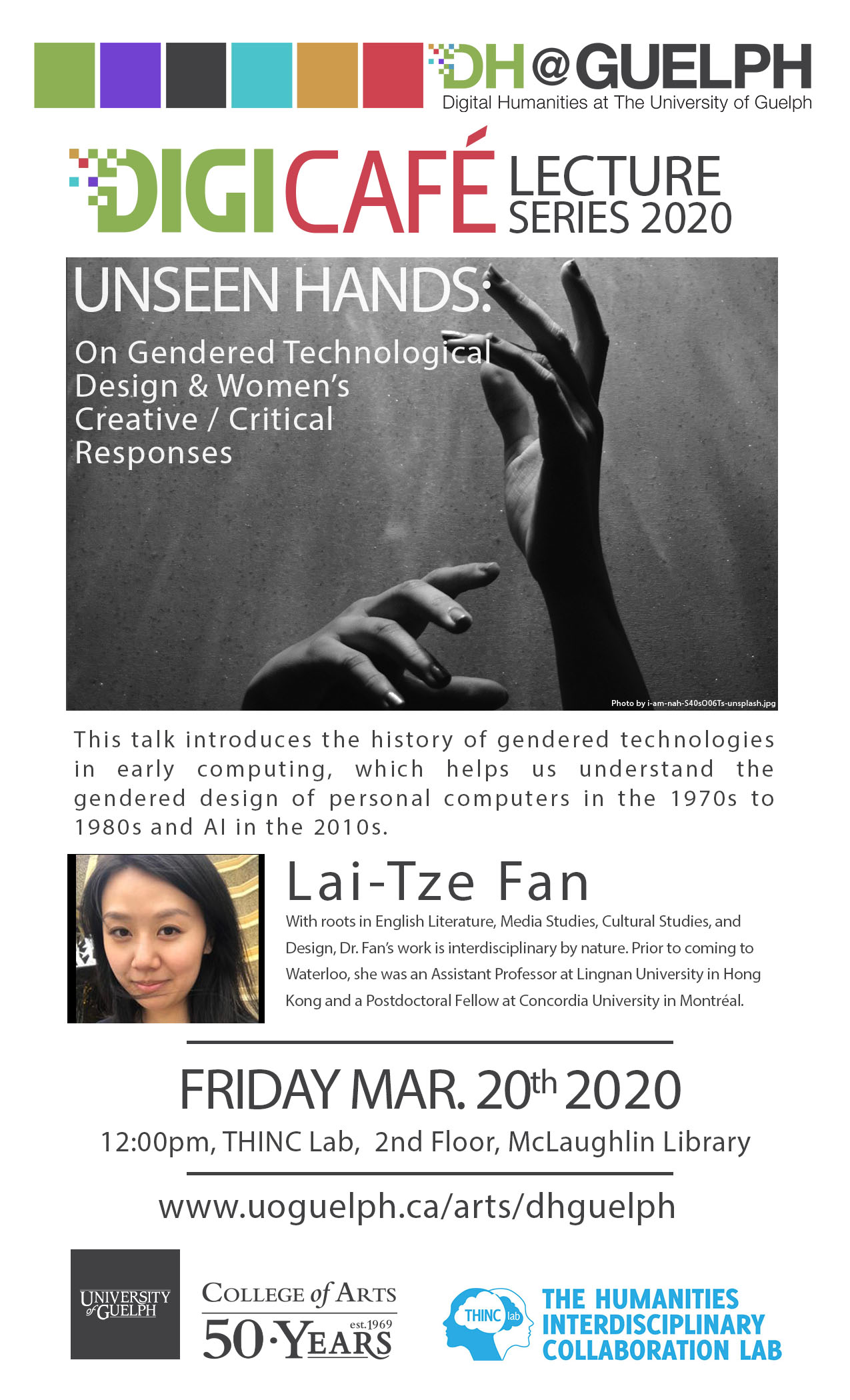 Poster depicting hands in the air and a headshot of Lai-Tze Fan