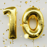 The number 10 as gold balloons with confetti