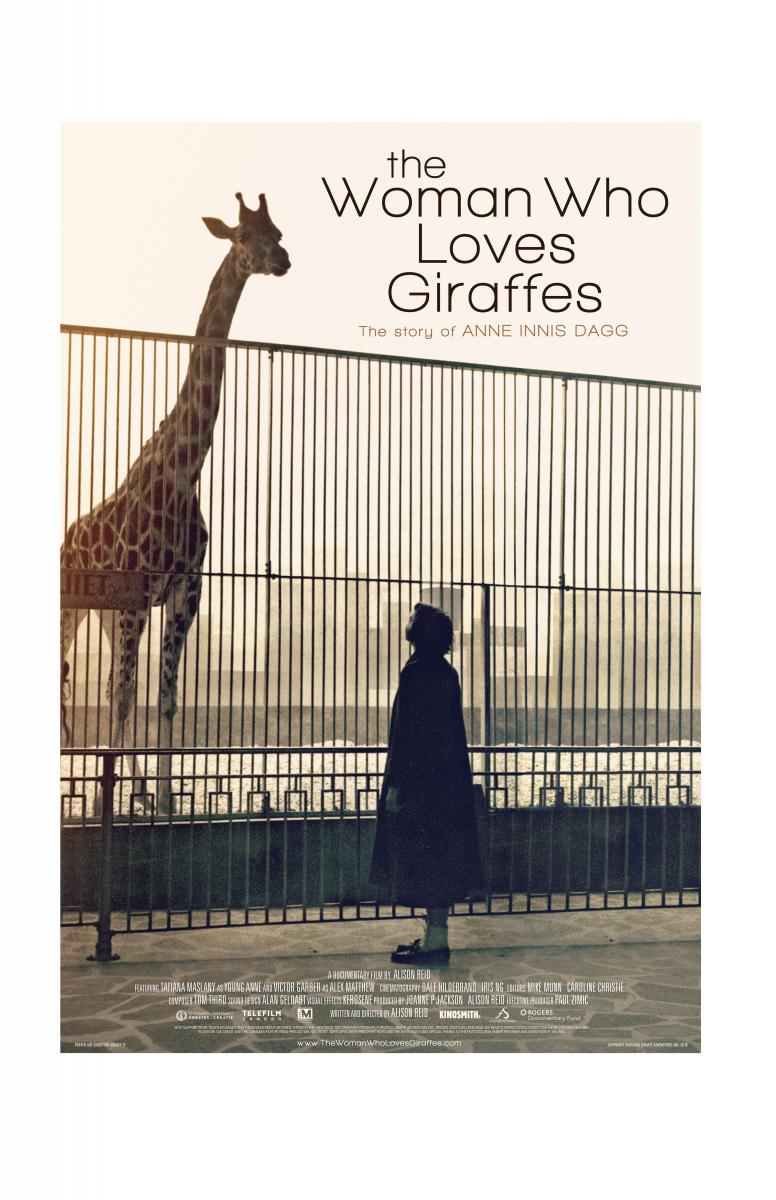 film poster, young woman looks up at giraffe in a zoo