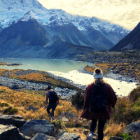 Two students hiking through the mountains in New Zealand