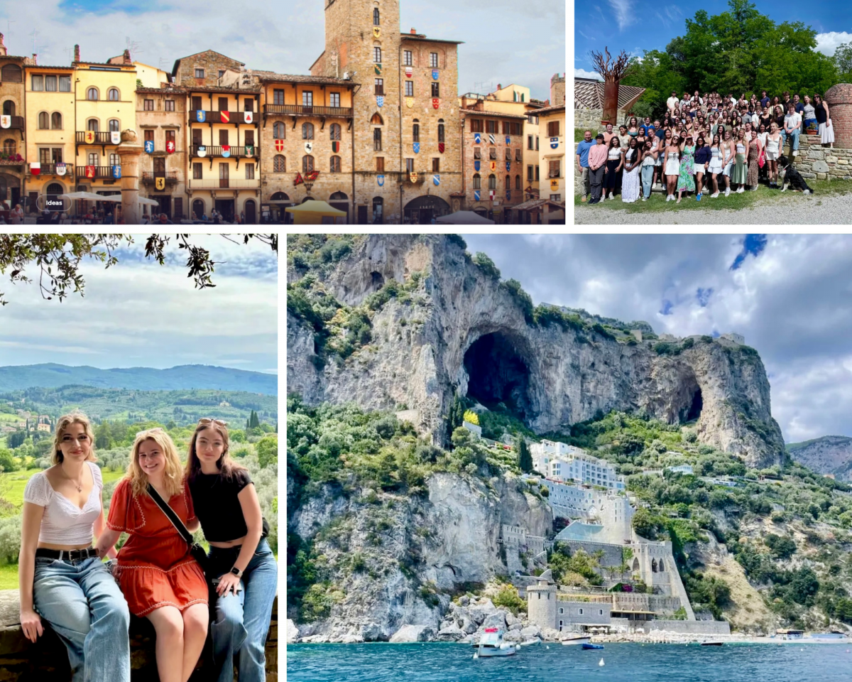 Collage of photos from Rondine including the city, a group of students, and the coastline