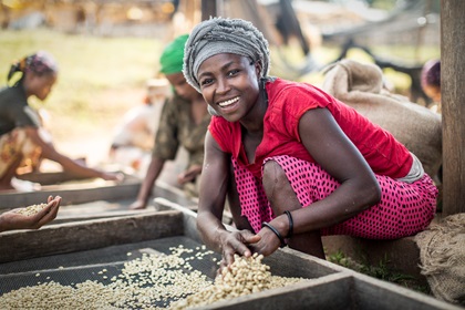 Image of smiling woman farming coffee beans