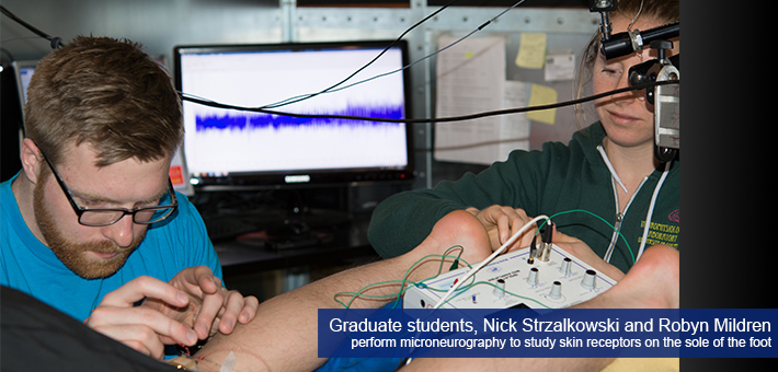Graduate students Nick Strzalkowski and Robyn Mildren perform microneurography to study skin receptors on the sole of the foot.
