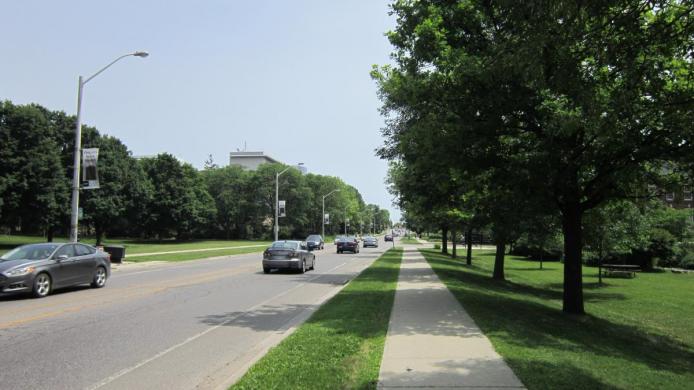 Sidewalk view of Gordon Street, facing south