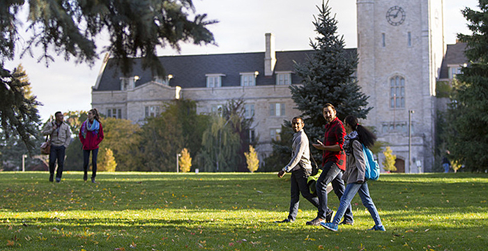 students walking on Johnston Green