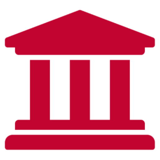 Red graphic of Hellenic-style building with three columns