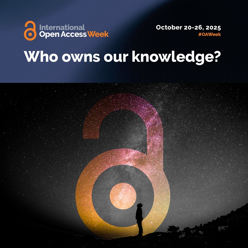 Poster for Open Access Week-Who Owns Our Knowledge. Lock symbol with man looking up at the stars