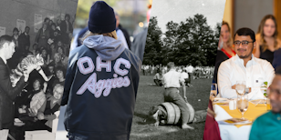 A collage of four photos: one of a man holding a cat in front of an audience, one of a person wearing an OAC Aggies jacket, one of men doing an obstacle course and one of a student smiling at a table.