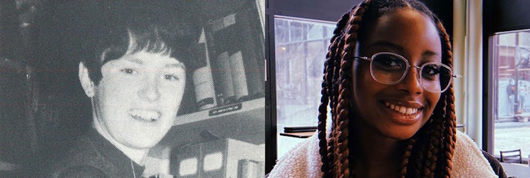 A black and white head shot of a female student next to a modern photo of a female student.