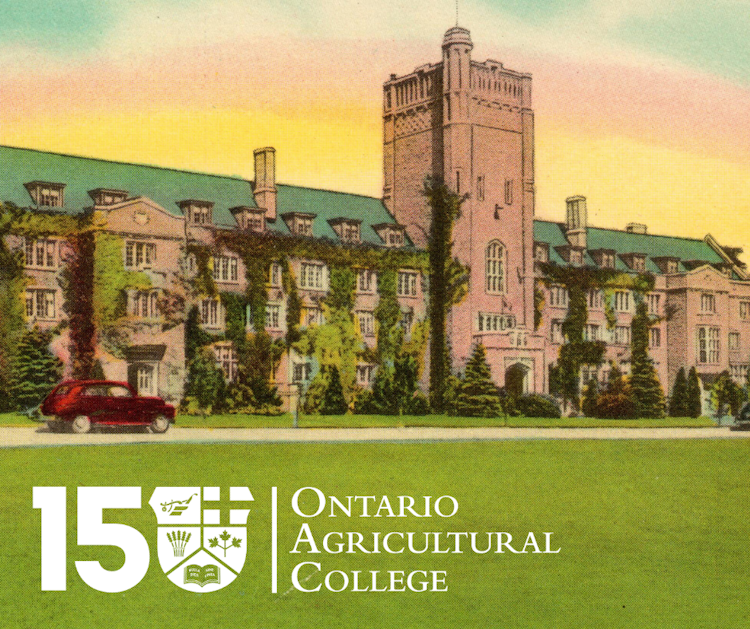 A bright illustration of Johnston Hall in the 1950s with the OAC 150 logo overlaid.