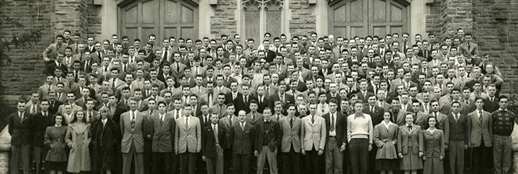 A black and white photo of the class of 1951.