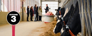 Inside a dairy barn, a row of cows eat from the floor while a robot travels down the row, pushing food closer to the animals. A tour group is visible in the background.
