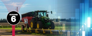 Outdoors, a farm tractor towing a trailer enters a ramp leading to a scale. An overlay on the photo shows a graph, reflecting the integration of data into farm practices.