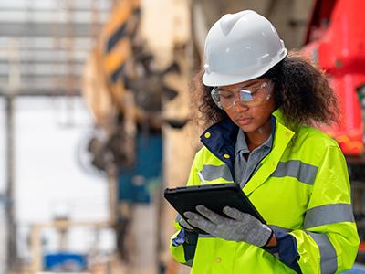 Young woman with a hardhat conducting a quality control inspection in a manufacturing setting.