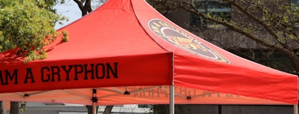 Red tent with text that says I Am A Gryphon