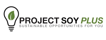 Logo for "Project Soy Plus" with a light bulb symbol containing a green leaf inside. The tagline reads "Sustainable Opportunities For You" positioned below the main logo text.
