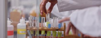 Student in a lab picking up a test tube.