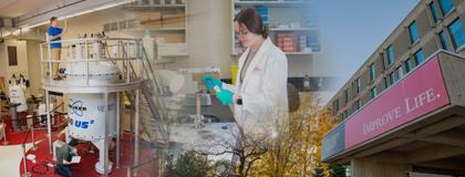 Composite image of features from the report, including NMR lab in lower left, Dr. Rozita Dara and a student using a computer upper left, a chemistry student in a lab, and the exterior of University Centre.