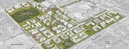 Conceptual illustration of the University of Guelph’s real estate strategy, highlighting full vision with campus zones, green spaces, and surrounding roads.