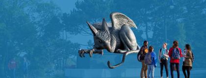 Five students hanging out in front of Gryphon statue with blue background