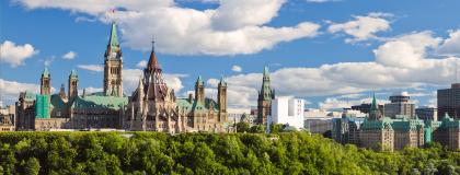 Exterior shot of the Parliament buildings in Ottawa, Canada.