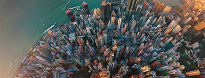 Aerial view of a city of skyscrapers