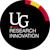 Logo with 'UG' in large white letters over 'RESEARCH INNOVATION' in smaller text below, with a red and yellow arc above, all on a black background.