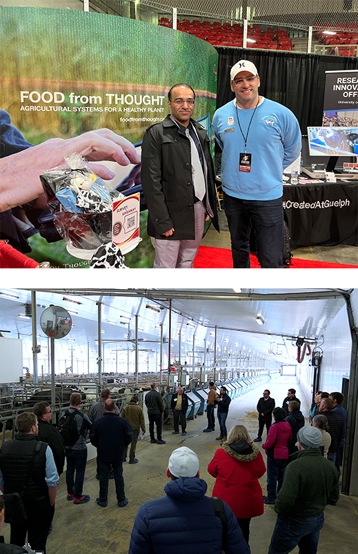 TOP: Dr. Ali Dehghantanha (left) and Tyler Zemlak (right) at the Canadian Dairy XPO. BOTTOM: Dr. Lucas Alcantara speaks to industry professionals at the Elora Dairy Research Station