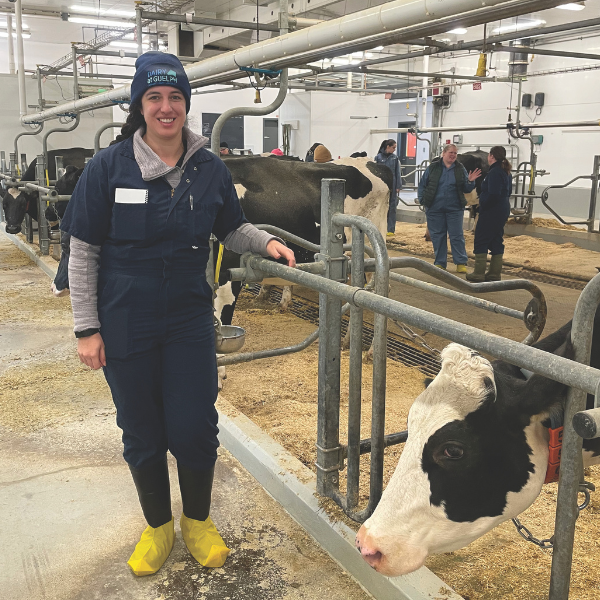 a person standing in a dairy barn next to a cow