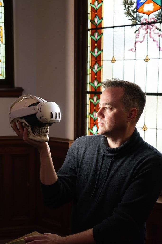 Dr. Peter Kuling posing with a fake skull fitted with a VR headset