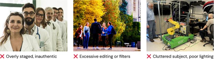 A collection of low-quality photos that are not aligned with best practices.