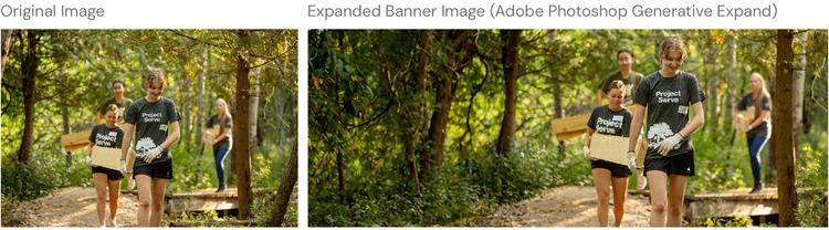 Two versions of an image showing students walking through a forest. The second version is expanded using Adobe Photoshop Generative Expand for optimized resizing.