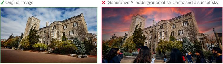 Two versions of an image featuring a building. The first shows cloudy skies and no people, while the second has a sunset sky and groups of people, enhanced using generative AI.